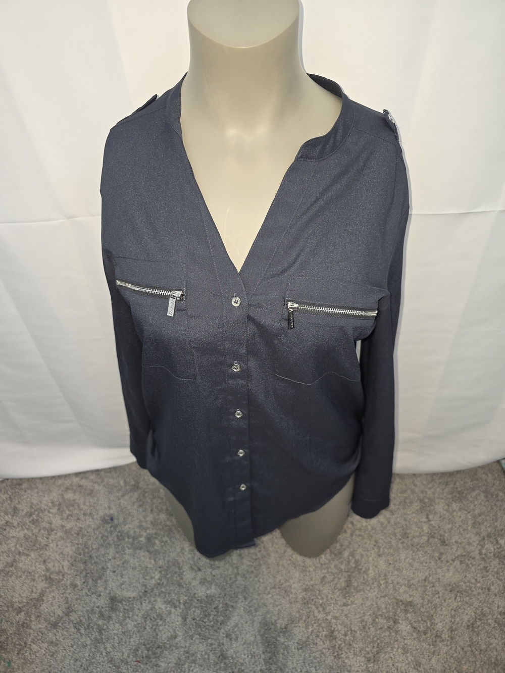 Calvin Klein Navy Button-Front Blouse with Zip Chest Pockets Size Small